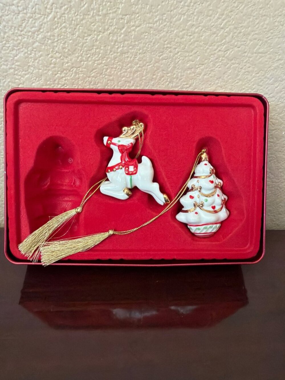 2003 Lenox Christmas Tree & Reindeer Ornaments w/Original Tin - Santa Missing